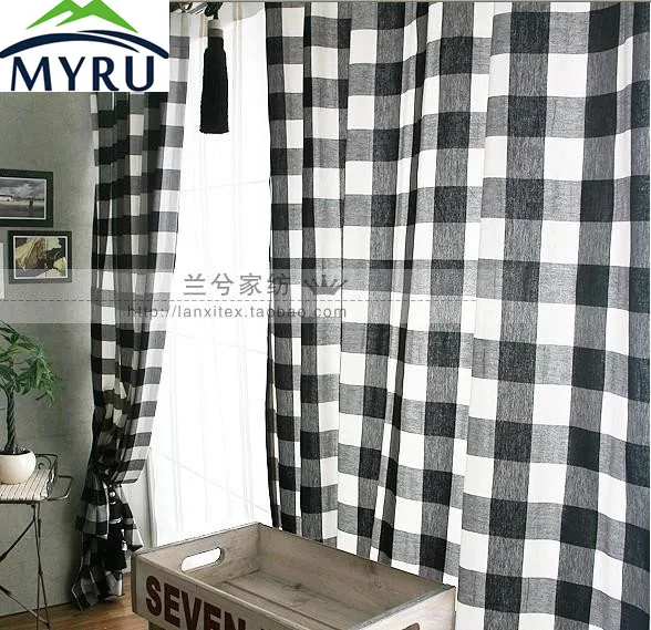 MYRU-cortinas de ventana a cuadros en blanco negro, cortinas de tela semisombra para dormitorio y sala de estar AliExpress Hogar y