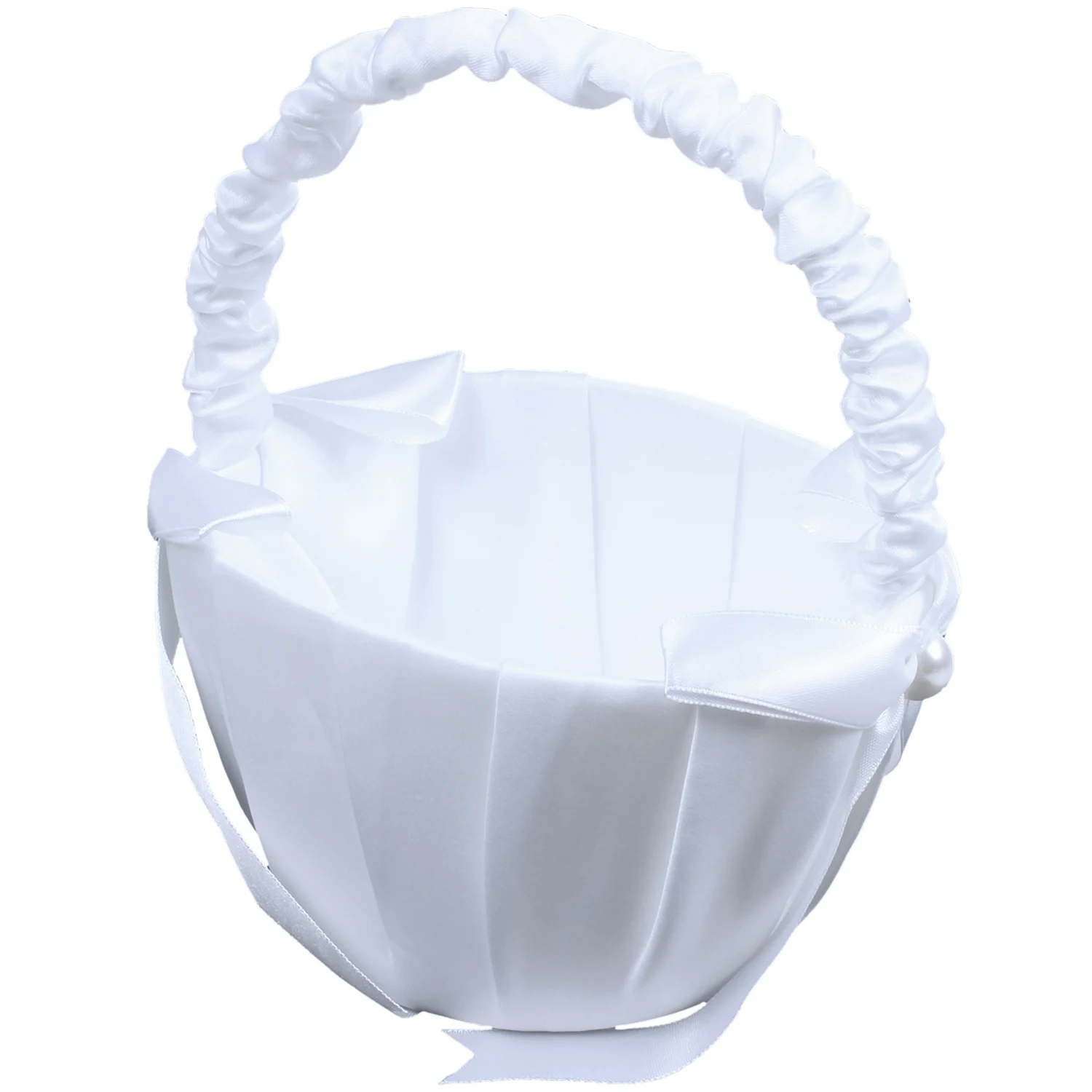 

White Satin Beaded Wedding Flower Basket Bowknot Decor