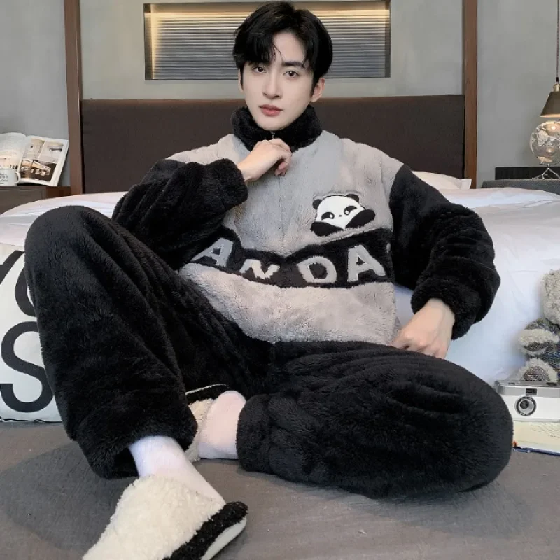 Men's Sleepwear Set Winter Zipper Coral Fleece Long Hair Home Clothes Student Cartoon Flannel Pajamas 5XL Large Size