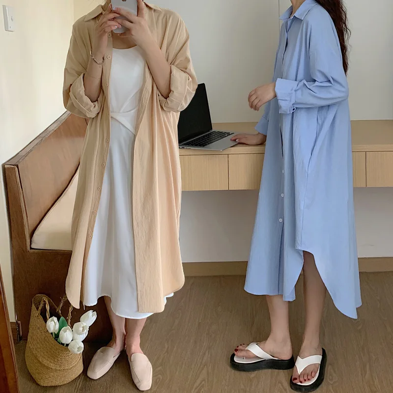 TFETTERS Long Shirt Dresses Women Korean Fashion Casual Loose Long Sleeve Shirt Women X-Long Knee-length Button Up Coat Shirt bowknot backless striped dress maternity short sleeve o neck summer pregnant woman a line dresses knee length pregnancy clothes