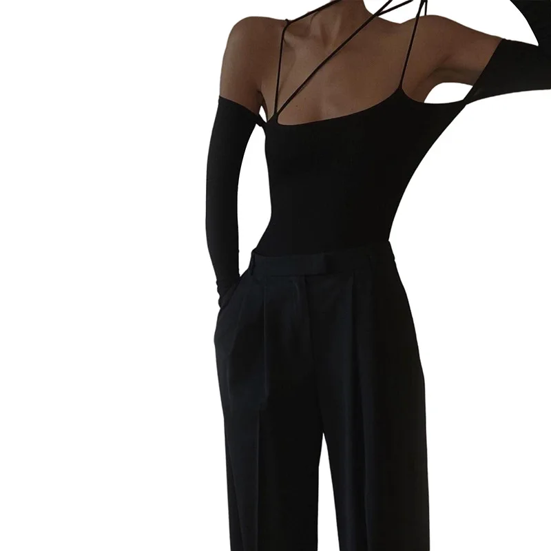 Style Autumn and Winter New Women's Clothing Fashion Design Lace-up Jumpsuit off-Neck Slim-Fit Long SleeveTT-shirtCok