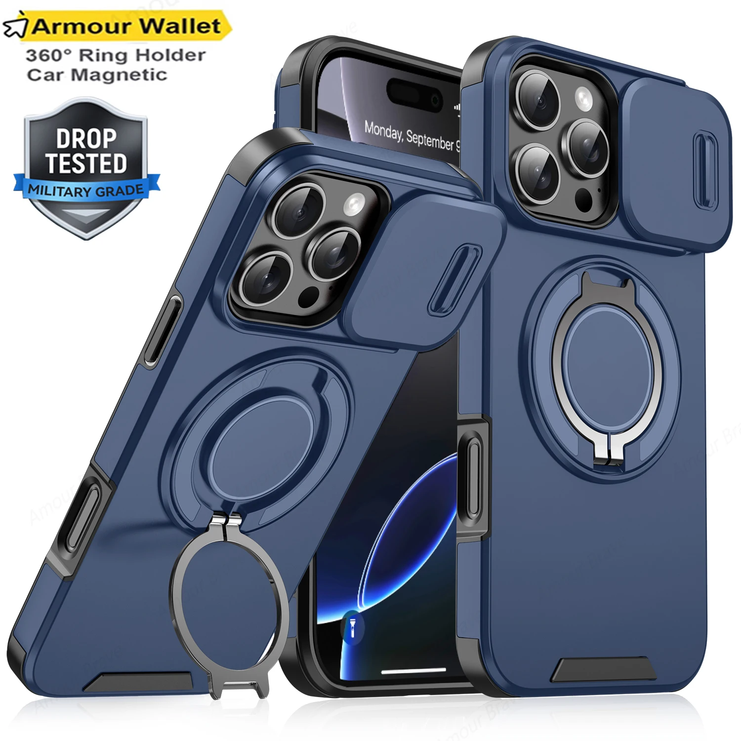 Heavy-Duty Rugged Magnetic Ring Holder Phone Case with Slide Camera Protection and Magsafe Compatibility
