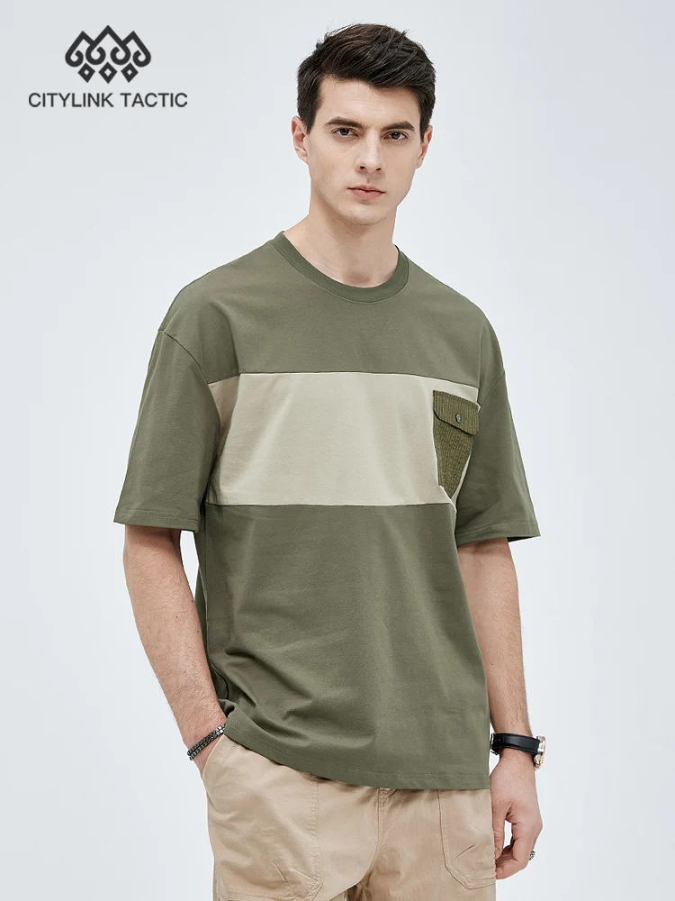 

CKNE Casual Patchwork Color Contrast Short Sleeved Pocket Decoration
