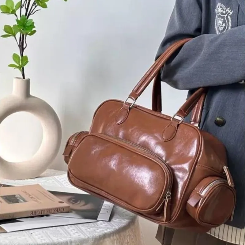 Retro Multi Pocket Boston Bag Women Ladies Academic Style Leather Large Capacity Shoulder Bag Ladies Premium Versatile Handbag