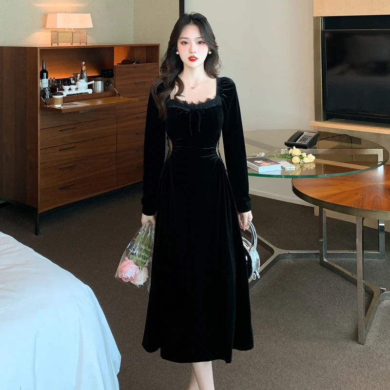 

2023 New Spring and Fall Vintage Black Long Sleeve Dress Woman Elegant Fashion Velvet Midi Dress Korean Style Even Party Dresses