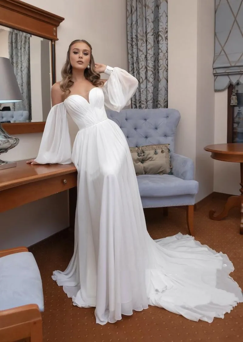 

Arabic Long Sleeves Wedding Dresses Off the Shoulder Prom Evening Dress A Line Sweetheart Chiffon Party Bridal Gowns Court Train