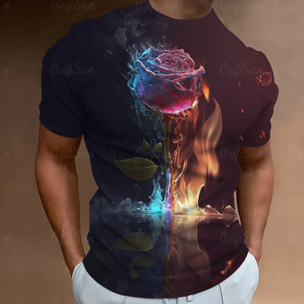 

Fashion Men's T-Shirt 3D Rose Print Short Sleeve Tops Street Casual Rose T Shirt Streetwear Oversized Tee Shirt Men Clothing