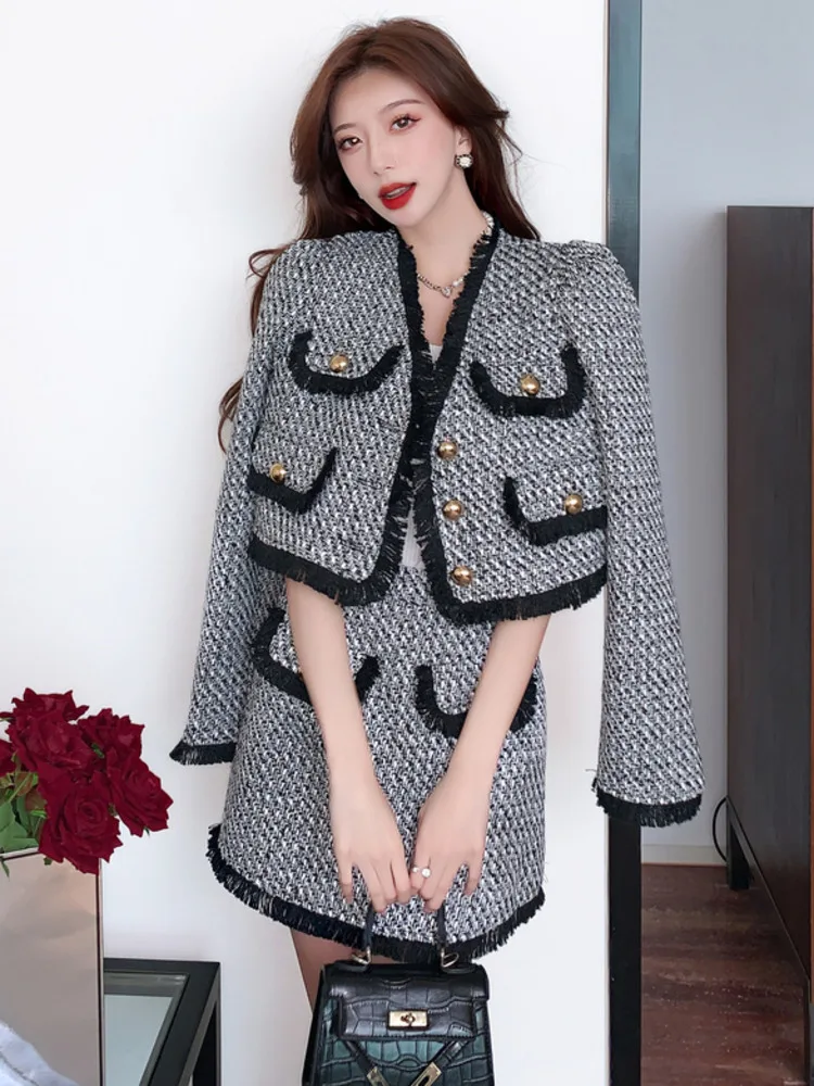 

High Quality French Vintage Small Fragrance Tweed Two Piece Set For Women Tassel Jacket Coat + Skirt 2 Piece Sets Women Outfit