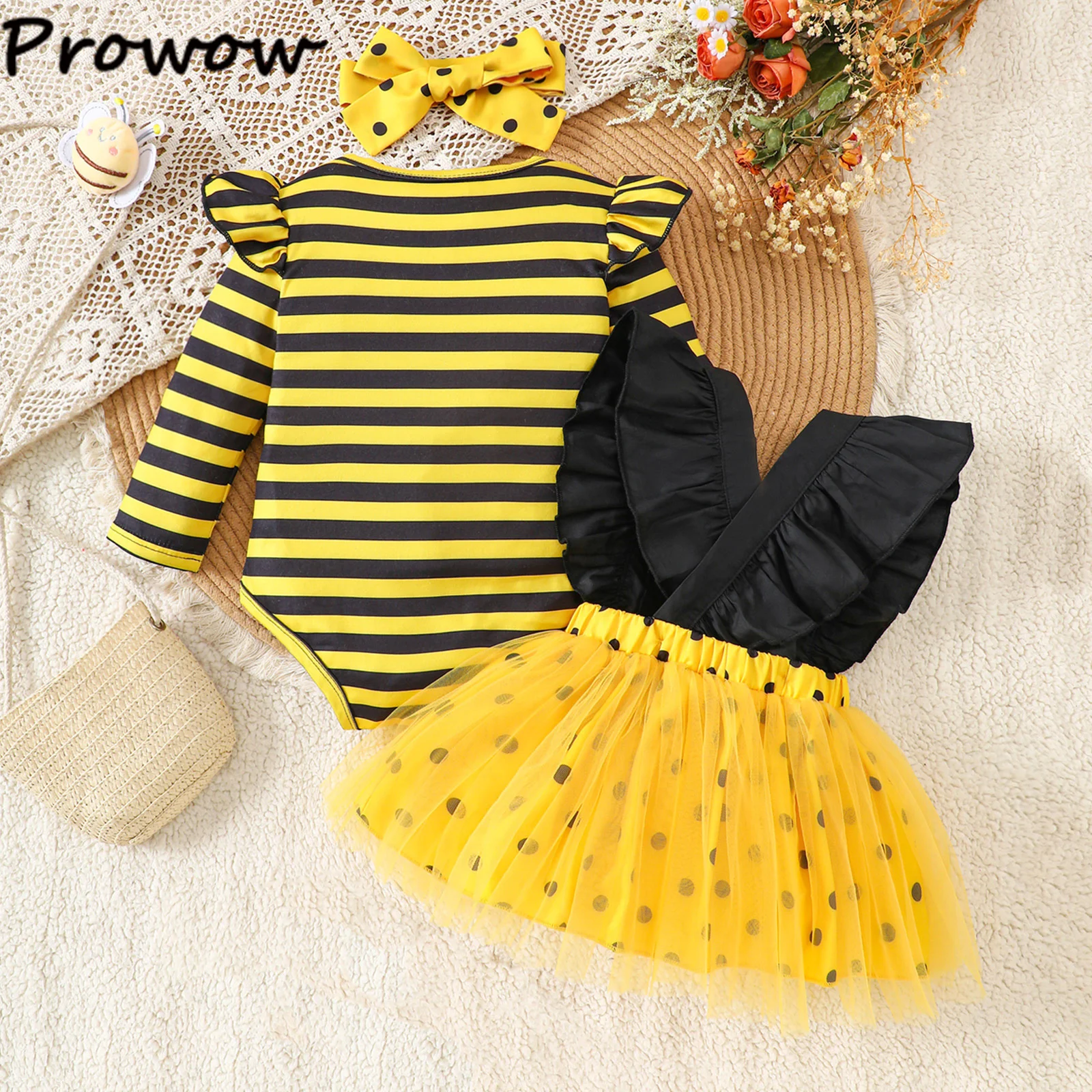  소녀 노란색 꿀벌 의상 세트 노란색 줄무늬 바디 슈트와 꿀벌 메쉬 서스펜더 드레스 + 머리 장식 를위한 3 피스 세트
