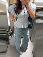 Chemisier décontracté à volants, manches courtes, col rond, boutonnage simple, cintré, chic et polyvalent, pour femme, collection Printemps-Été 2026 5