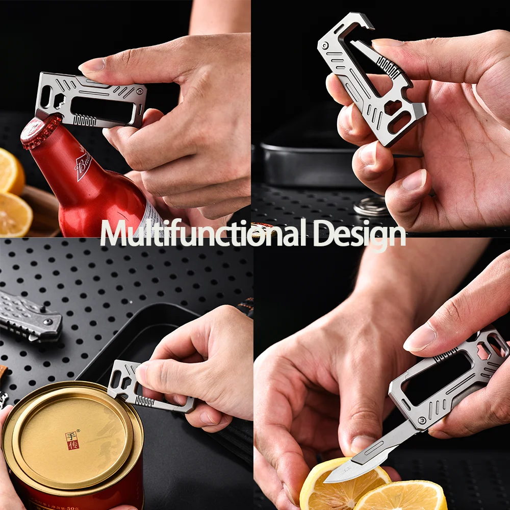 TIMULTI 티타늄 합금 열쇠고리, 병따개, 크로우바, 육각 드라이버, 접이식 칼이 포함된 다기능 열쇠고리