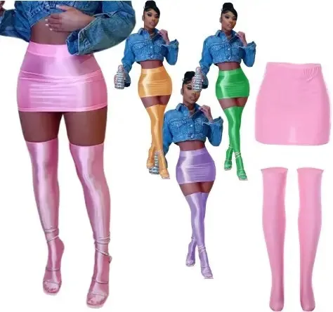 

Женская Глянцевая мини-юбка с высокой талией и высокой талией, 1 пара чулок, одежда для ночного клуба, Новое поступление 2023, сексуальная