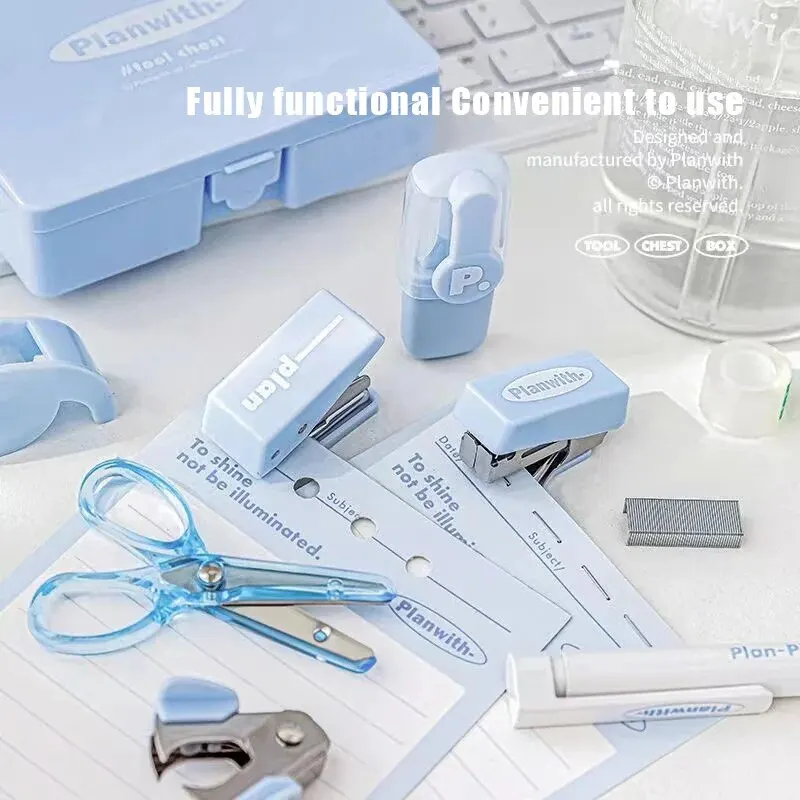 Hand Stapler 1 Box of Planwith Multifunctional Efficiency Eet Tool Box 8-Piece Punching Machine Stapler Scissor Tape Machine Hand Ledger