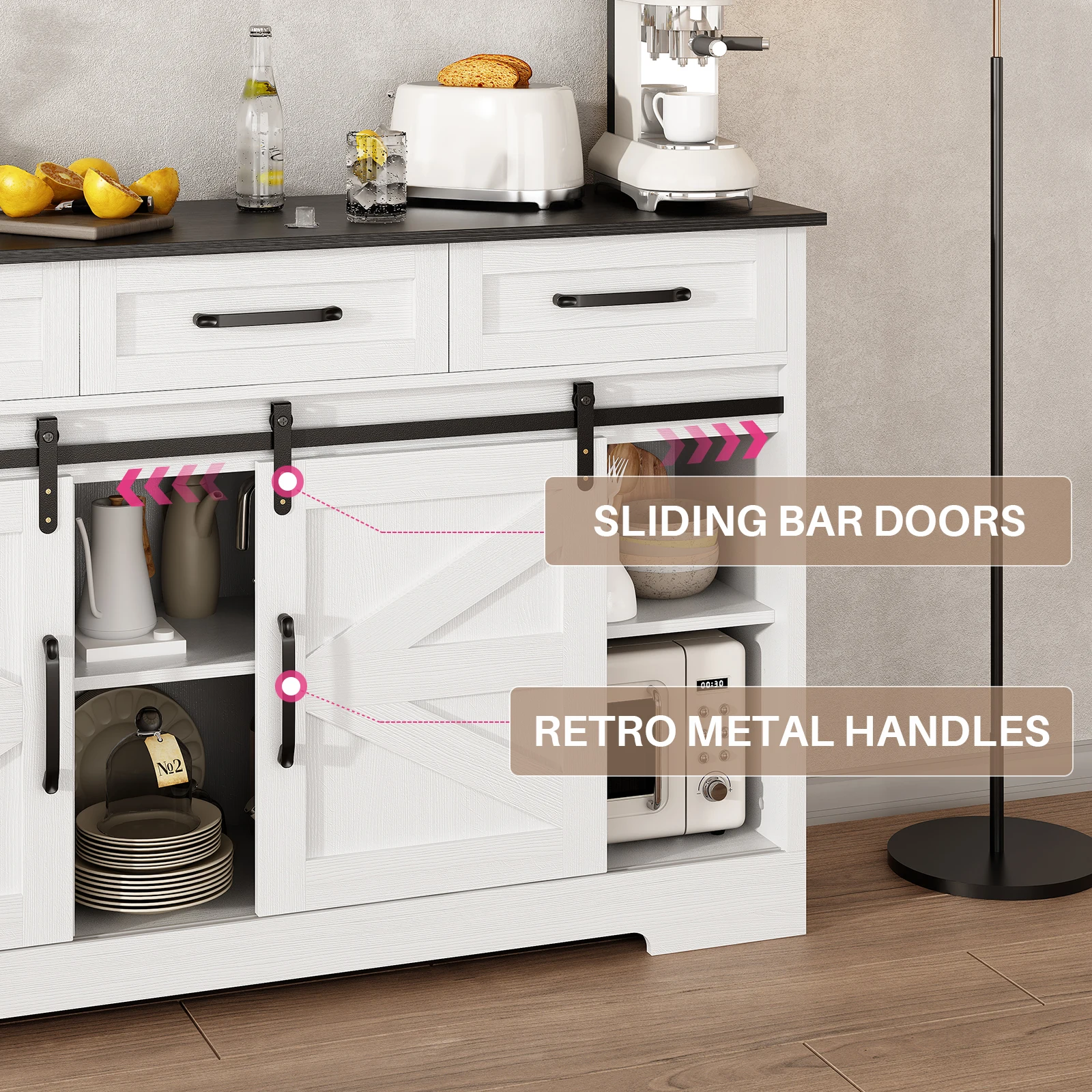 Redlife Sideboard Buffet Cabinet 53.5'' Coffee Bar Storage Cabinet w/ Adjustable Shelves Sliding Doors for Dinning Room Kitchen