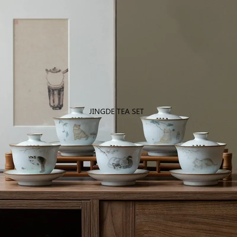 150ml Chinese Ru Kiln Ceramic Cover Bowl Cute Cat Pattern Filter Tea Cup Travel Portable Tea Bowl