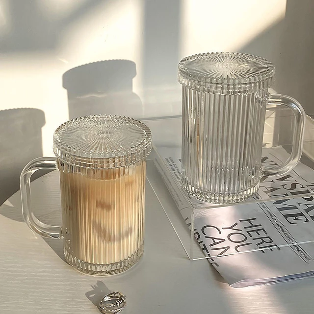 2/1Pcs 375Ml Vertical Stripe Glass Cup With Lid Straw Cup Transparent  Ribbed Tea Coffee Cup Juice Beer Milk Mocha Breakfast Mug - AliExpress