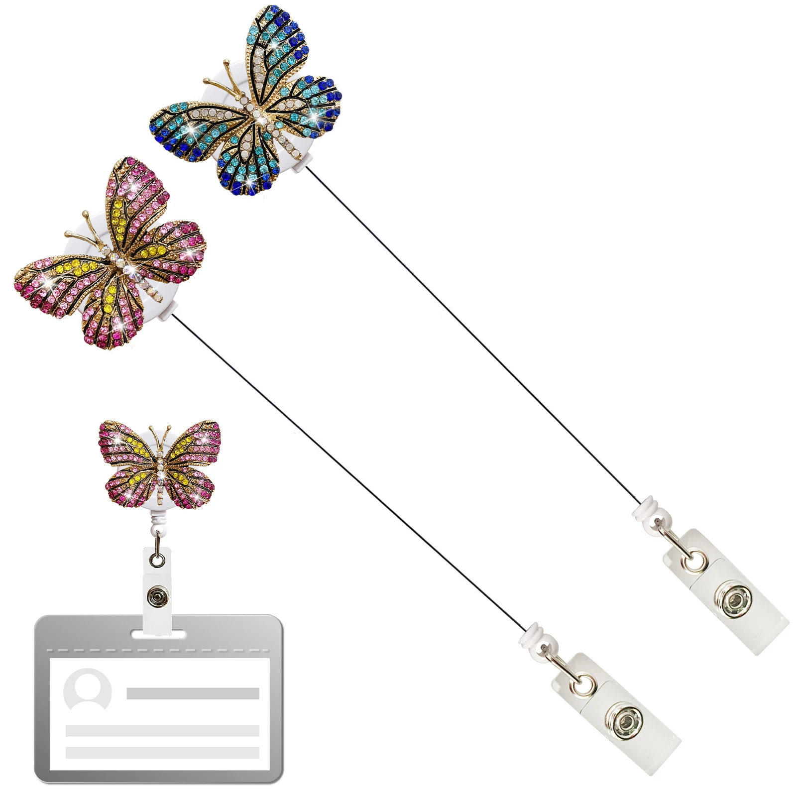 

2pcs Blue Pink For Nurse ID Name Rhinestone Butterfly Teacher Retractable Badge Holder School Bling Reel Outdoor Volunteer Gift