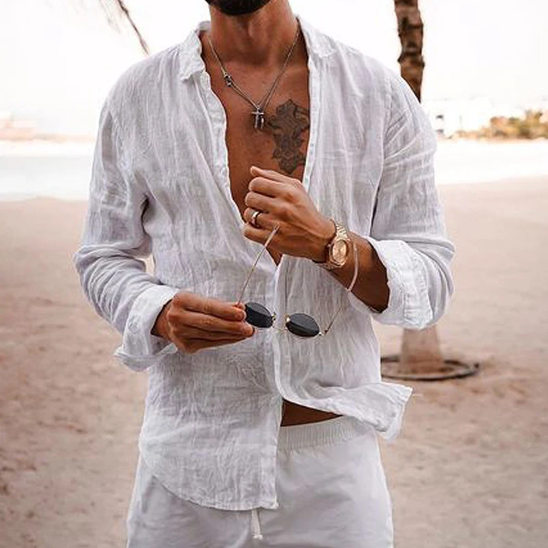 

Fashion Loose Solid Color Tops Mens Clothes Spring Summer Casual Button Turn-down Collar Long Sleeve Beach Shirts Men Thin Shirt