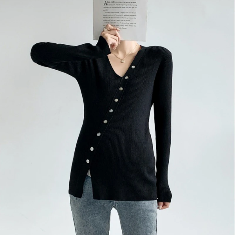 Korean Style Maternity Sweater Early Autumn New Irregular V-neck Unique All-match High Elastic Inner Sweater Pregnant Clothes