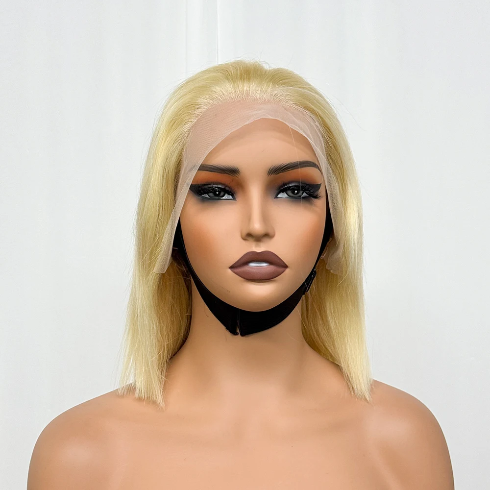 300 Density Blonde 613 Color Double Drawn Blunt Cut Short Bob Bone Straight Human Hair Wig 13x4 Transparent Lace Frontal Wig