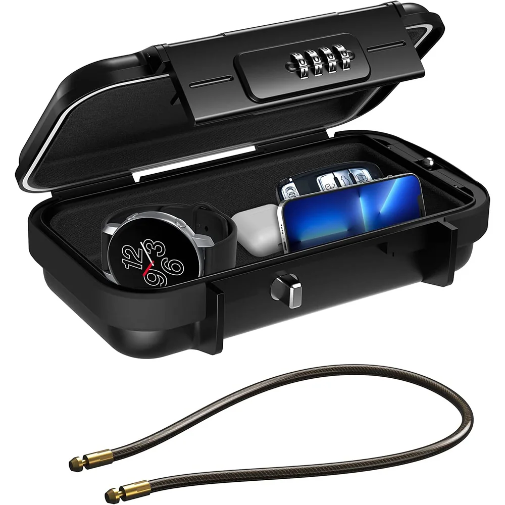 휴대용 안전 잠금 상자, 로프 포함 4 자리 조합 잠금 케이스, 야외 캠프 하이킹 스포츠 체육관 보안 보관 키 박스 