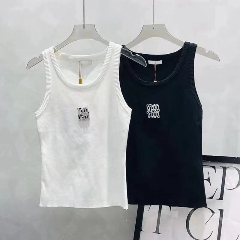 

Slim Fit Versatile Solid Color Vest Women Water Diamond Letter Knitted Tank Top Breathable Comfortable Fashion T-shirt 2024 New
