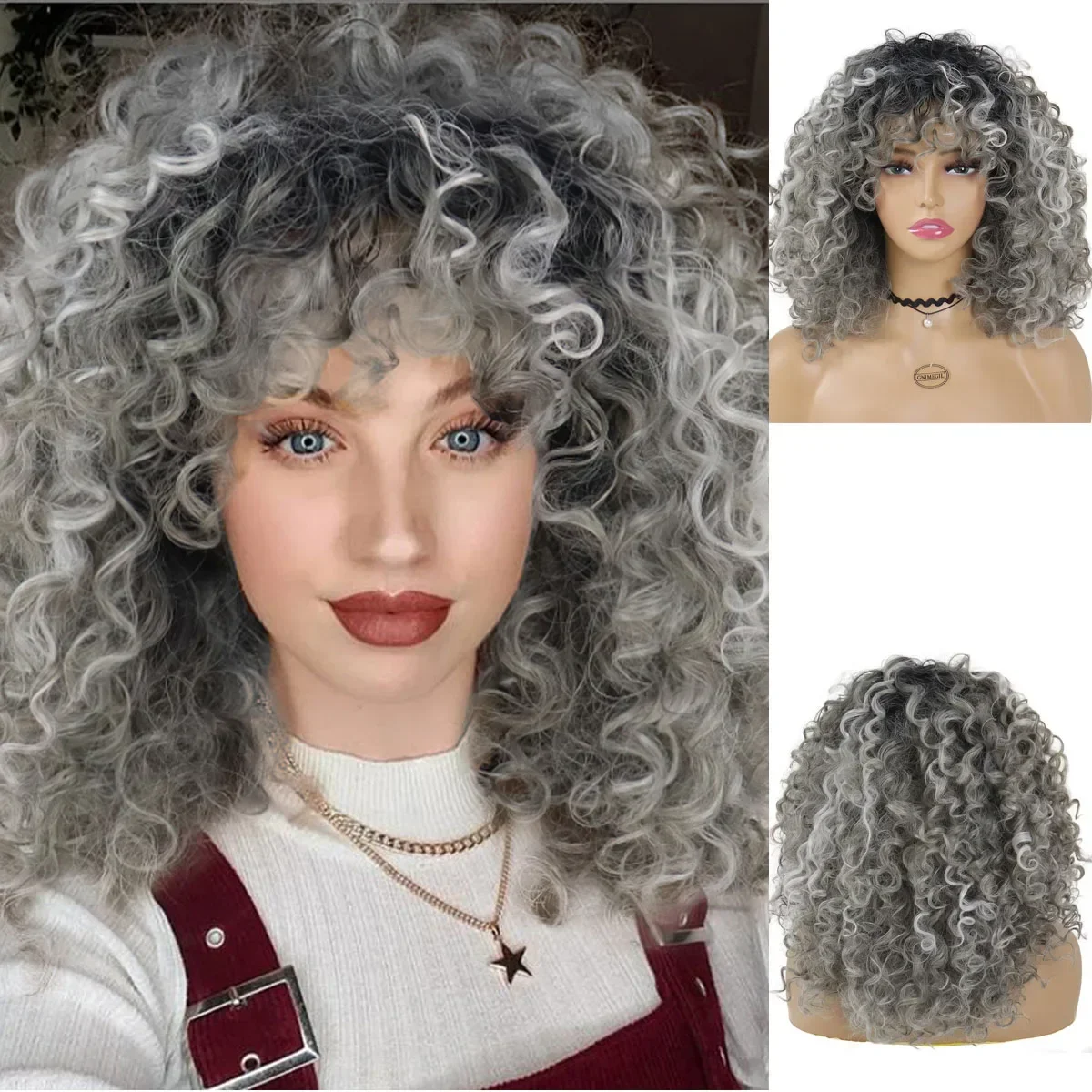 

GNIMEGIL Grey Synthetic Ombre Wig for Women Big Puff Short Afro Kinky Curly Wig Cosplay Halloween Party Costume High Temperature