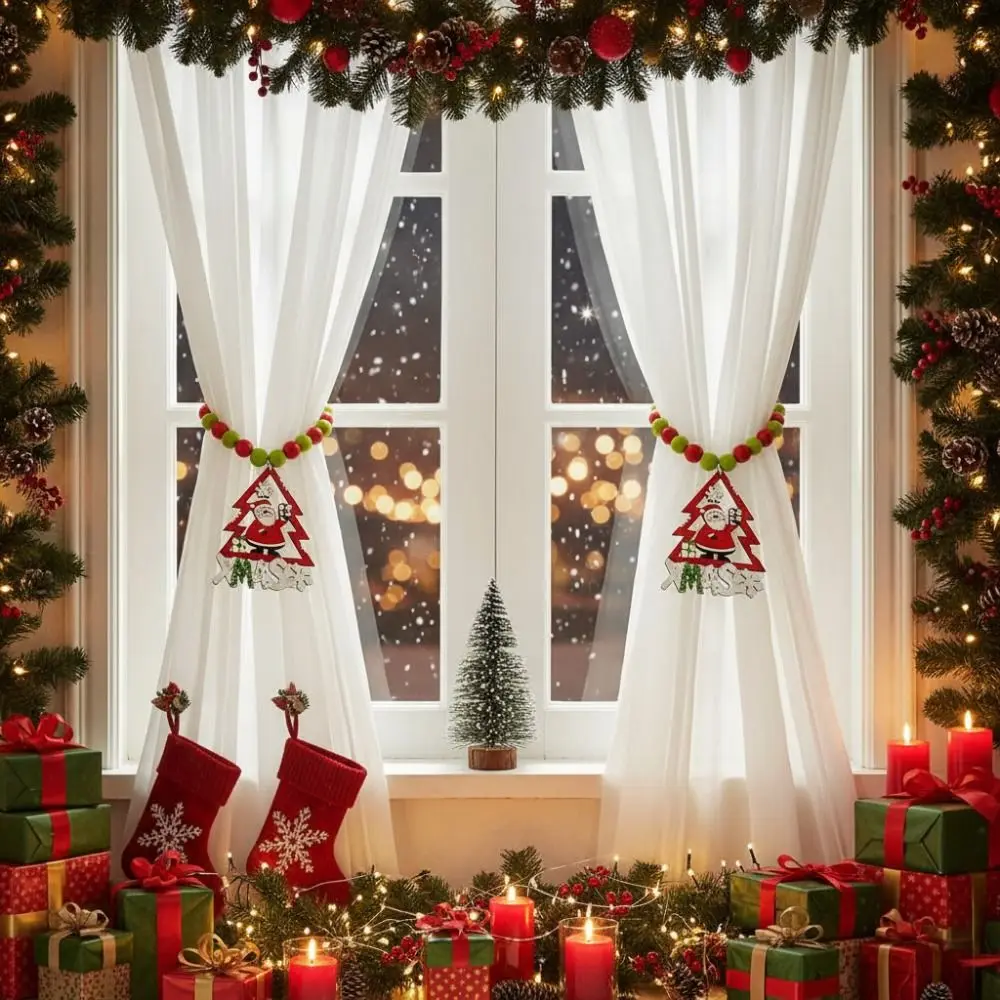 Boho Style Christmas Curtain Ties Reusable Beaded Curtain Tiebacks Cartoon Colorful Wooden Bead Curtain Holdbacks