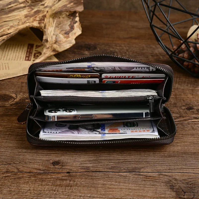 Vintage Long Men's Genuine Leather Wallet with Distressed Finish and Zipper