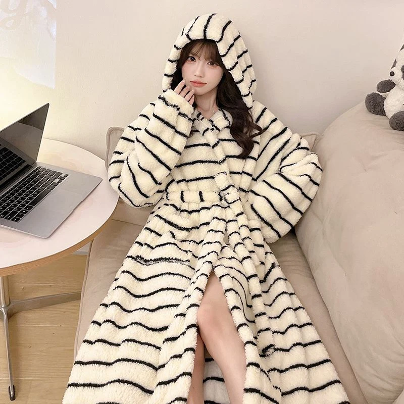 Winter Long Sleeve Hooded Thick Warm Flannel Kimono Robes for Women Casual Plaid Bathrobes Sleepwear Nightdress Night Dress
