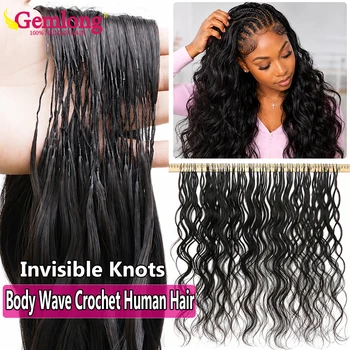 Capelli Umani Ondulati all'Uncinetto con Nodi Invisibili, Trecce Boho con Nodi Miracolosi, Fasci di Capelli Umani Ondulati all'Uncinetto