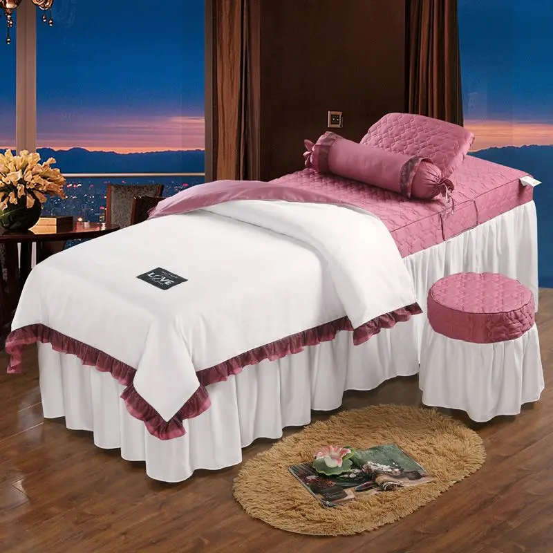 

New Patchwork 4pcs Beauty Salon Bed Cover Massage Spa Bedskirt, Pillowcase, StoolCover, Dulvet Cover Beddings Sets with Hole