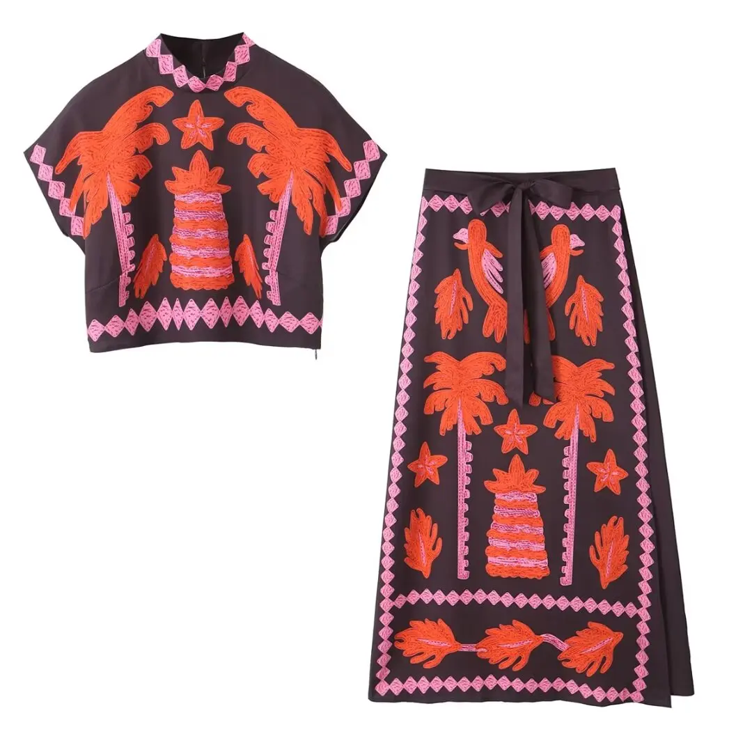 thumbnail image 1 of HH TRAF Trajes elegantes de verano para mujer, con botones en la espalda, estampado decorativo, cuello redondo, top corto + lazo, falda con cremallera lateral y cordones para mujer, 1 of 5