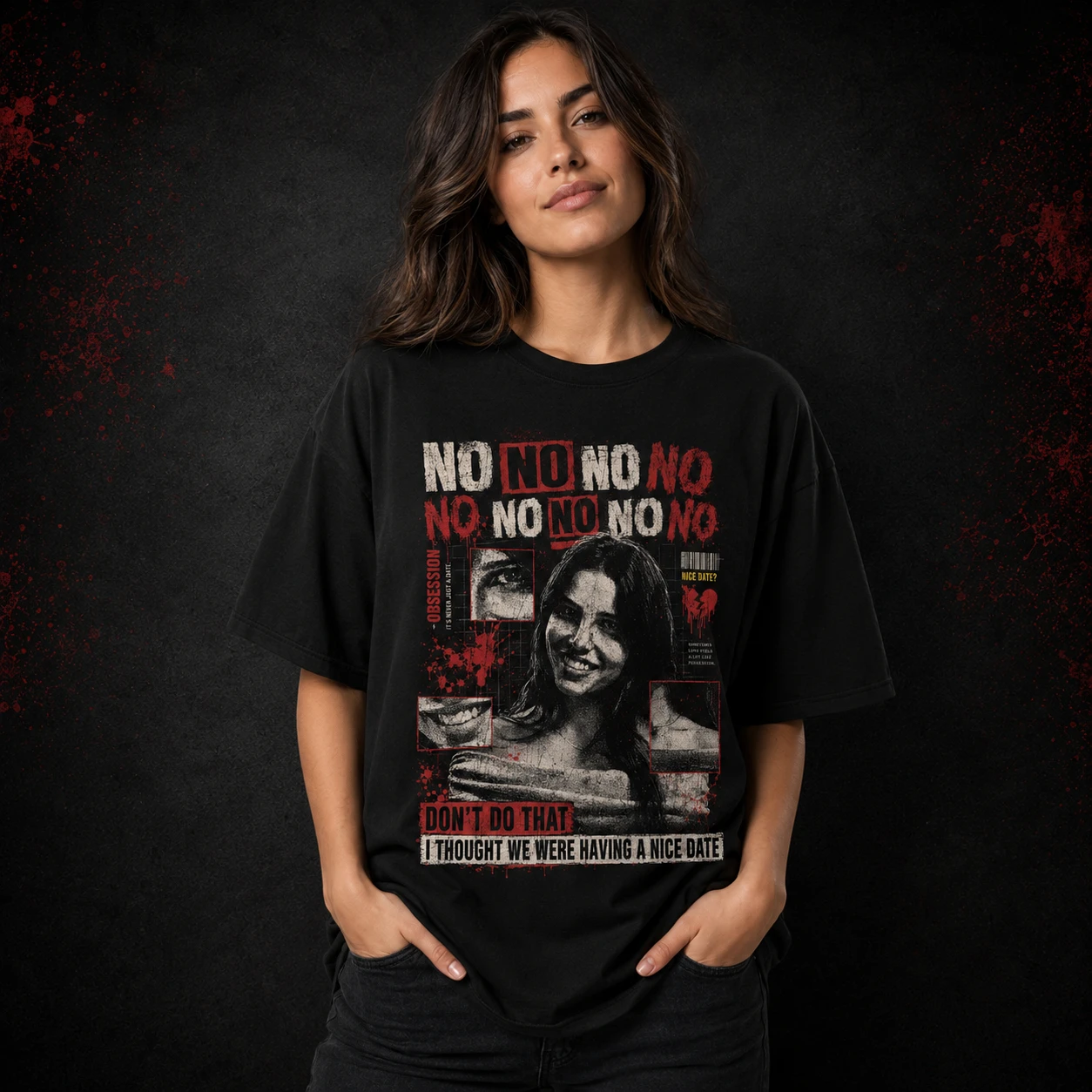 Obsession NO NO NO Übergroßes Film-T-Shirt aus Baumwolle mit Grafikdruck für Männer und Frauen, Sommer-Streetwear