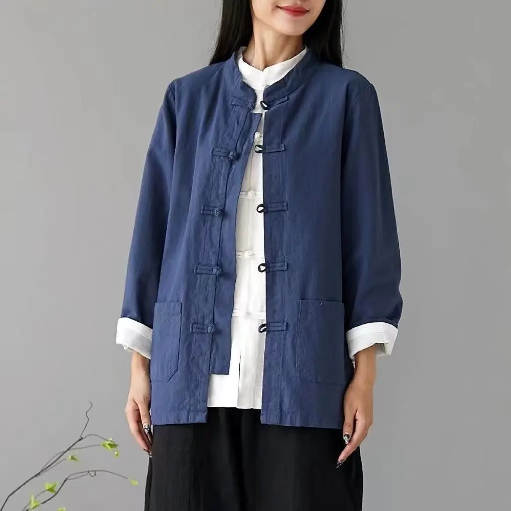 Chinese Style Retro Button National Cardigan Autumn Cotton and Linen Shirt Coat Tang Suit Shirt Women