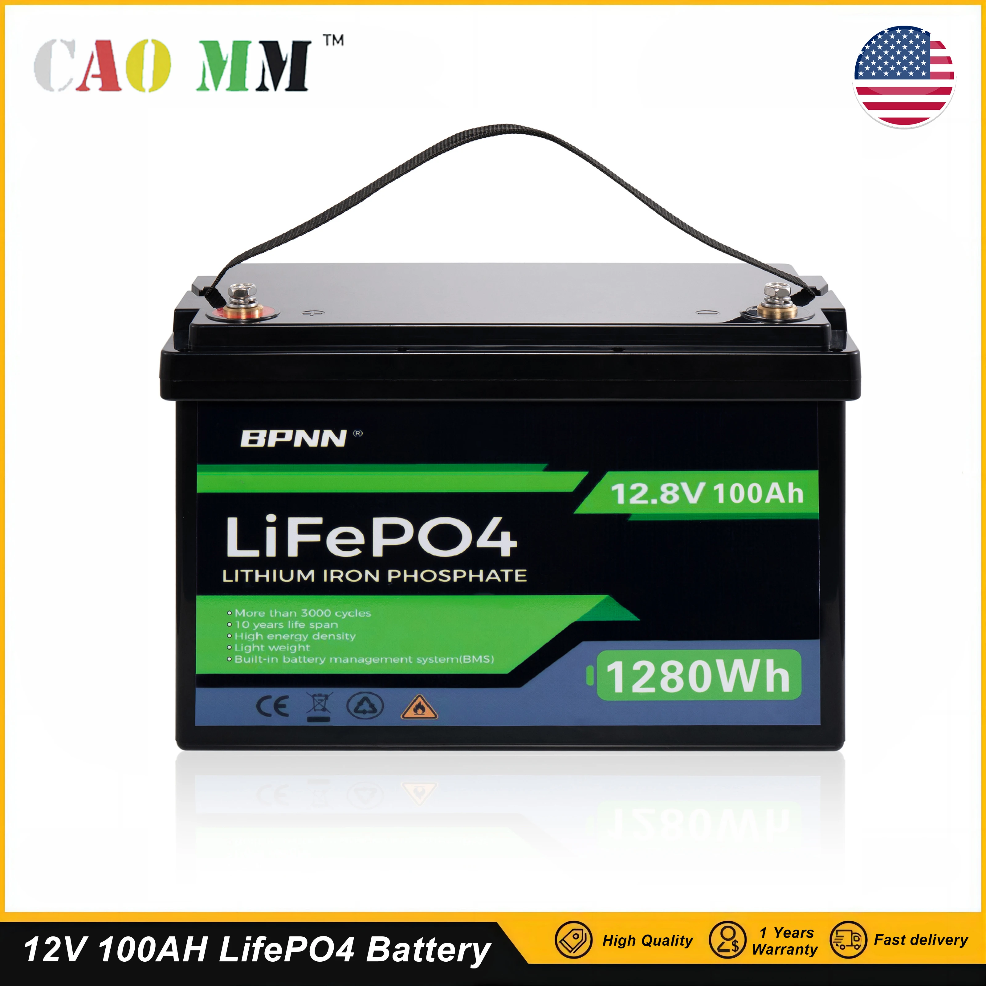 12V 100Ah LiFePO4 Battery 1280Wh with BMS Lithium Iron Phosphate Batteries Pack For Solar Boat Golf Cart Wind Solar Energy Lithium Battery Pack