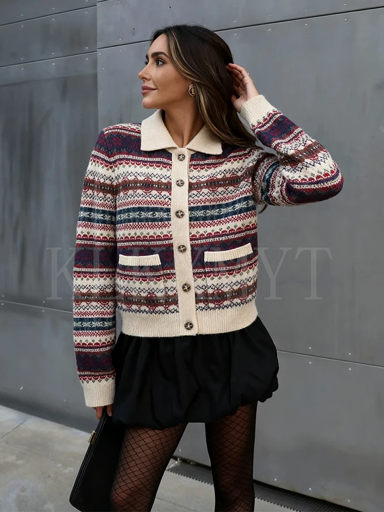 Vintage Casual Chic Women Sweater Long Sleeve Jacquard Knitting Cardigans Fashion 2025 Autumn Winter Elegant Cardigan Coat