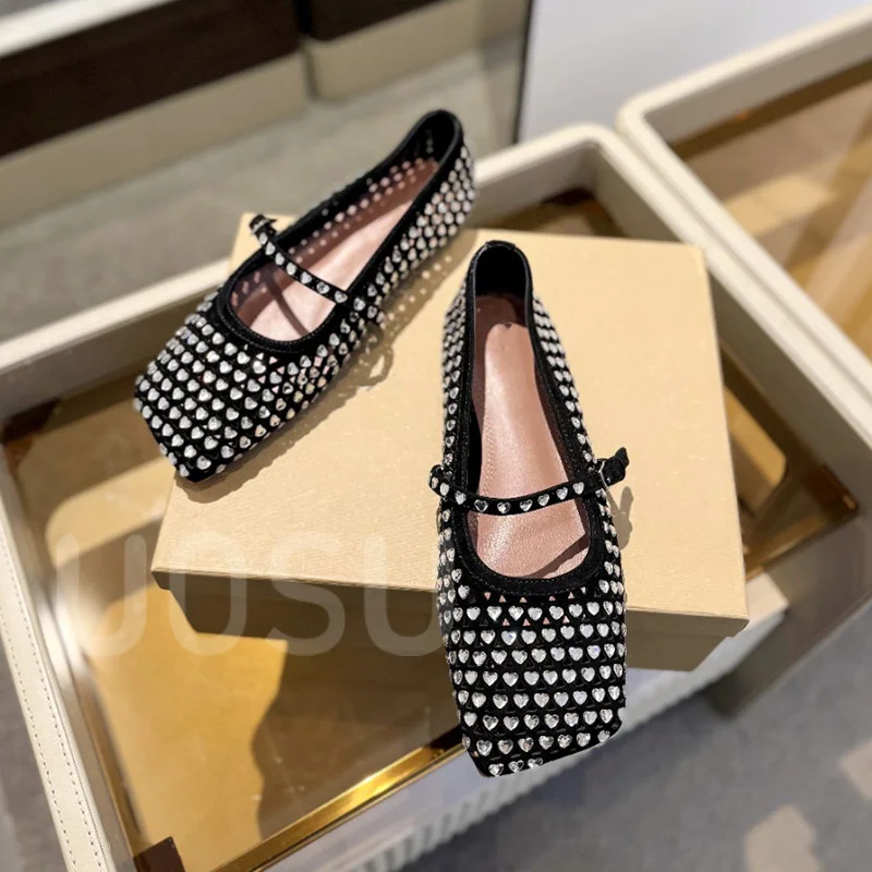 Luxury Women's Flats Designer Mesh Hollowed Out Heart Crystal Shallow Banquet Women's Shoes Square Toe Ballet Shoes Dresses