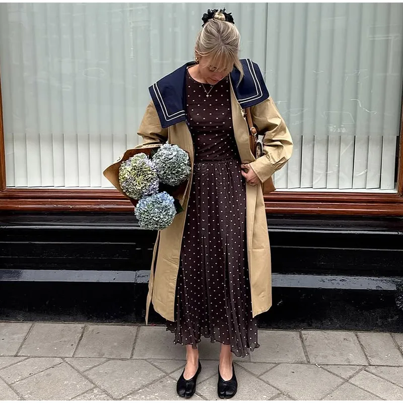 Damen-Trenchcoat im Khaki-Marine-Stil mit Gürtel, Patchwork-Reverskragen, volle Ärmel, langer Mantel, 2022, Herbst, Alltag, Freizeit-Oberbekleidung – Detail 5