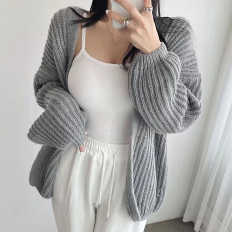 

Autumn Winter Knitted Cardigan Sweater Women Korean Fashion Lantern Long Sleeve Coat Loose Cardigans Casual Vintage Tops 28505
