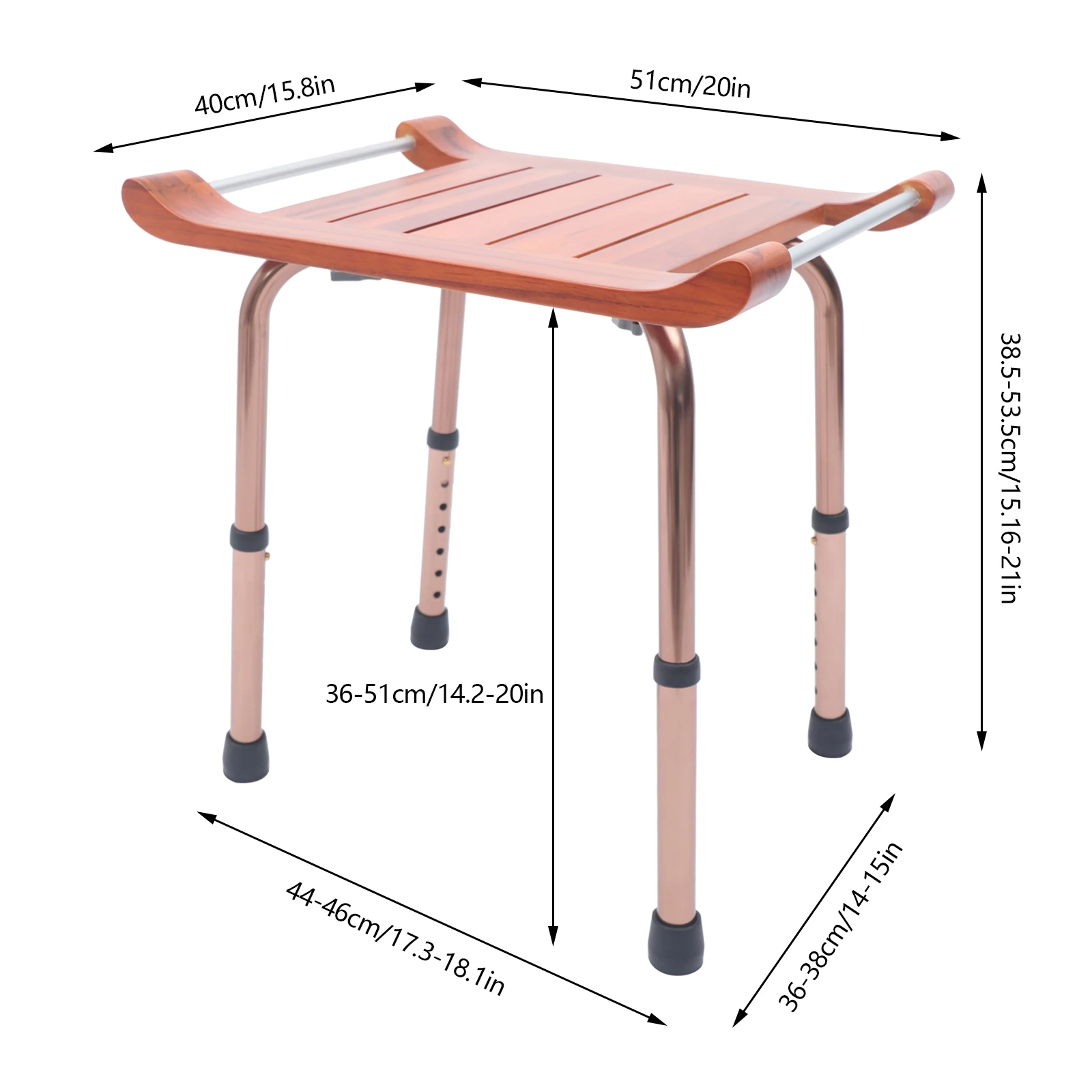 Shower Stool, Adjustable Height 15.16-21in, 300lbs Capacity, Waterproof Teak Wood, Non-Slip Aluminum Legs, Easy to Install, 2