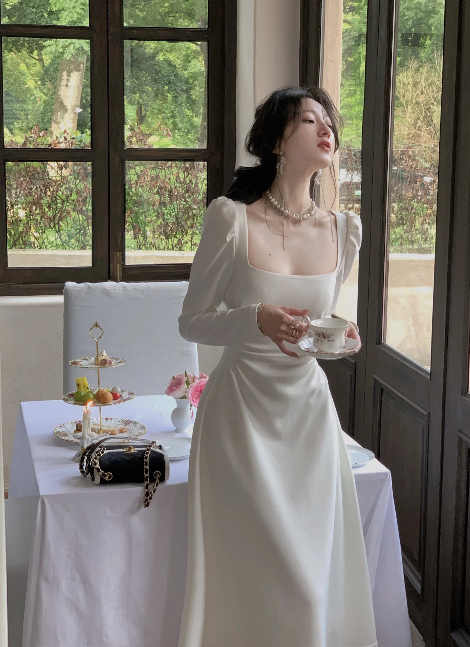 Spring New Elegant Square Collar Midi Party Dresses for Women Long Sleeve Black White Slim Vestidos Female High Waist Clothes