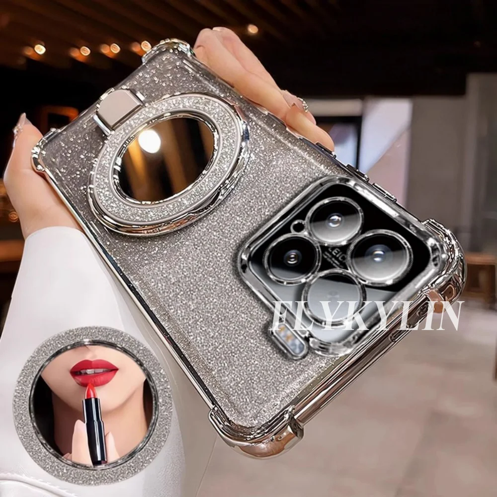 Glamorous Glitter Makeup Mirror Holder with Soft Shell and Stylish Long Back Rope