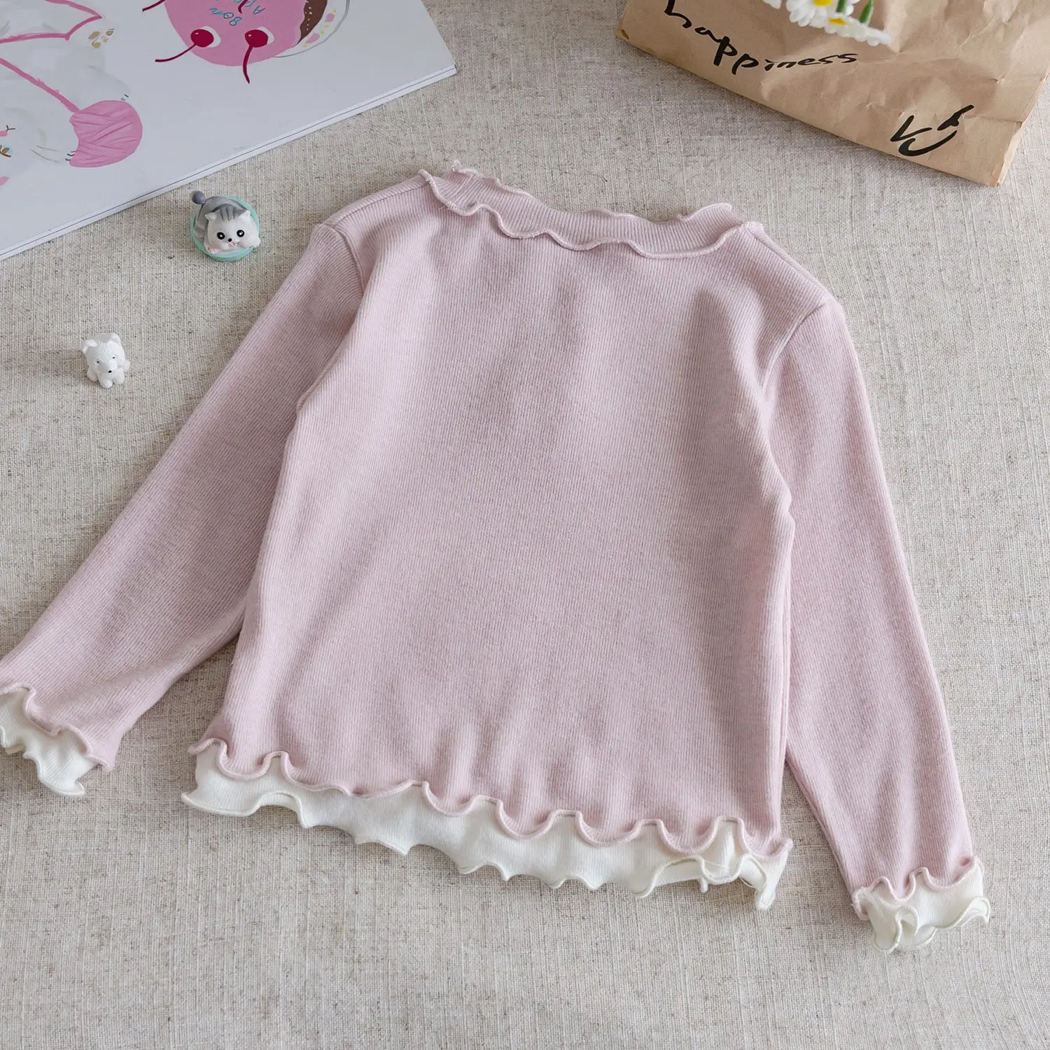 2025  소녀용 달콤한 레이스 탑 티셔츠 부드러운 면 의류 봄 가을 패션 어린이 옷 스웨터