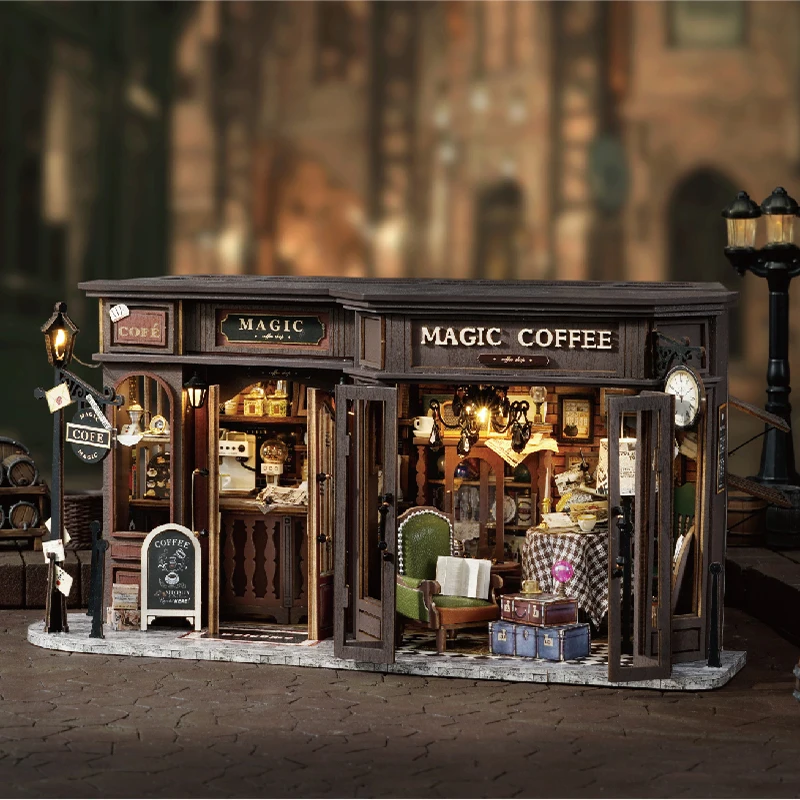 DIY Wooden Miniature Model Kit Magic Coffee Shop Casa Doll Houses 3D Puzzle Dollhouse With Furniture for Friends Christmas Gifts 2