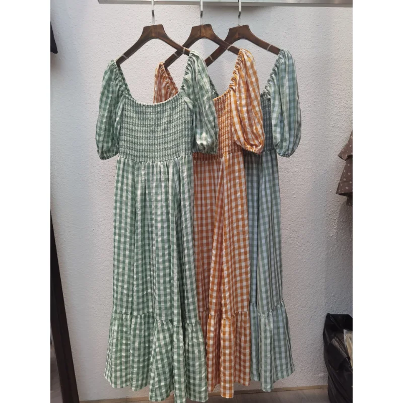 

2023 Summer New Arrivals High Quality Casual Plaid Print Square Neck Folds Women A-Line Midi Dress for Daily