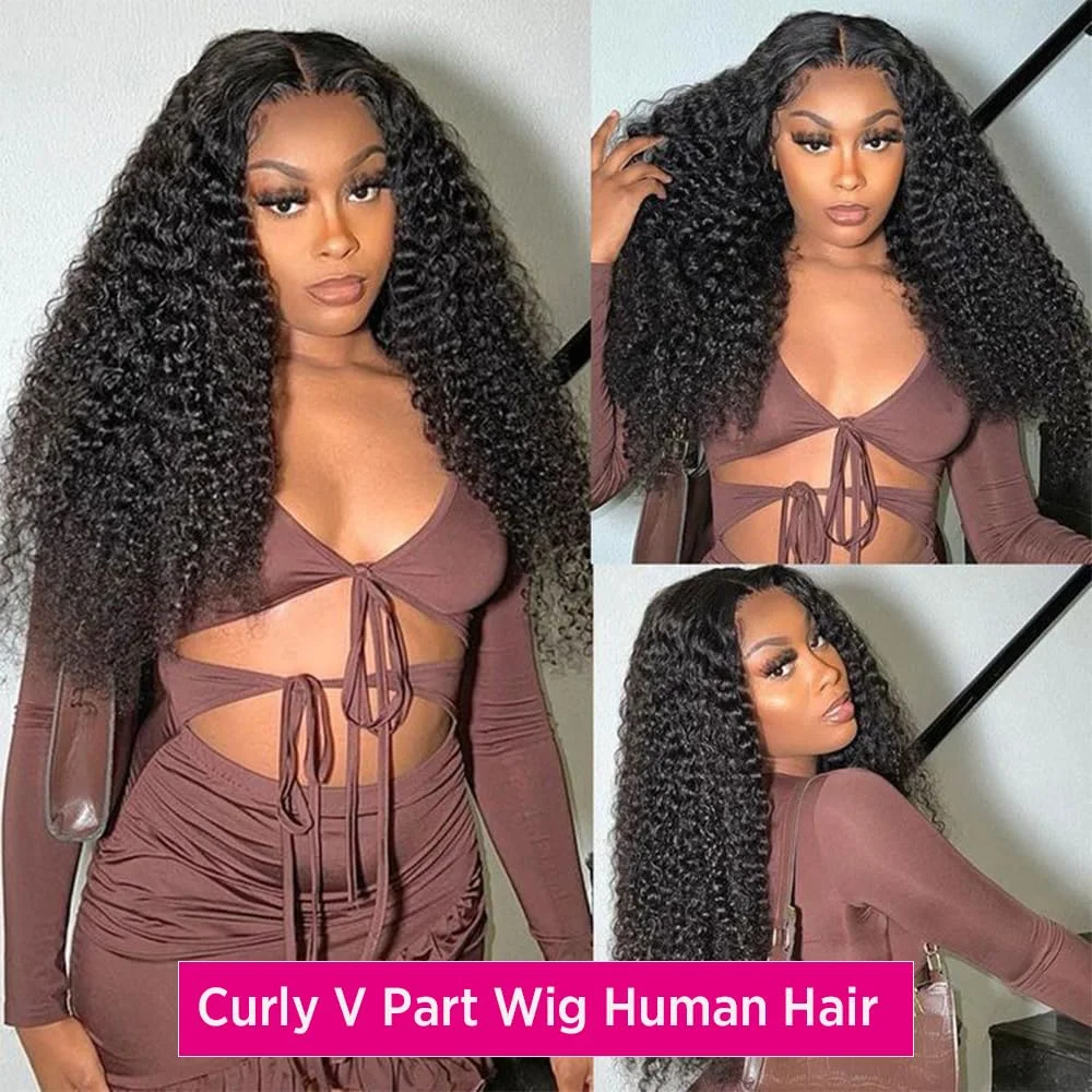 30 Inch Curly V Part Wig Human Hair Brazilian Virgin Human Hair Wig Upgrade U Part Wig Glueless V Shape Wig Natural Black Color