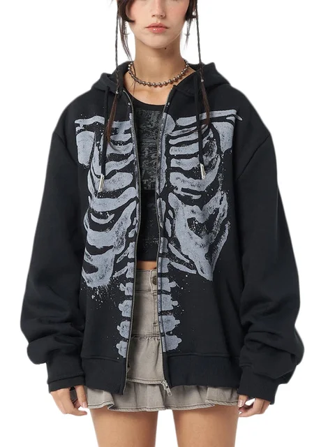 Halloween Women Spring Autumn Casual Hooded Coat Long Sleeve Skull Print Zipper Hoodie Grunge Long Sleeve Top Gothic Sweatshirt 1