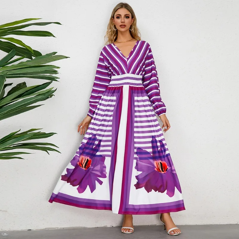 African Dresses for Women Autumn Elegant African Long Sleeve V-neck Polyester Printing Blue Red Purple Long Dress Maxi Dress