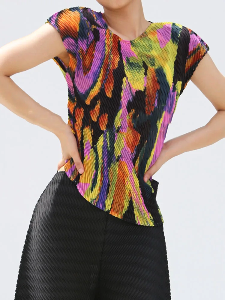 

Женские Плиссированные футболки miяка, пуловер, модный дизайн, принт, o-образный вырез, Женская Повседневная элегантная одежда, топы